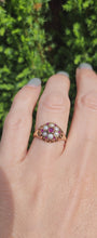 Load and play video in Gallery viewer, 1607: Antique: 15ct Gold Rubies Pearls Flowerhead Cluster Ring- From 1922- Remarkable
