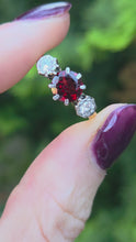 Load and play video in Gallery viewer, 6360 Vintage: 18ct Gold Almandine Garnet Diamonds 3-Stone Straight Ring
