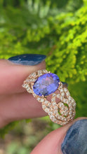 Load and play video in Gallery viewer, 2344: Vintage:&nbsp; 14ct Gold&nbsp; Large Vibrant Blue Tanzanite Pave Diamonds Openwork Dress Ring- Exceptional
