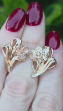 Load and play video in Gallery viewer, 2758:  Vintage 14ct Gold Round Full Cut Diamonds Floral Stud Earrings
