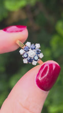 Load and play video in Gallery viewer, 2445 Vintage: 18ct French Blue Sapphires Natural Sparkling Diamonds Flower Head Ring
