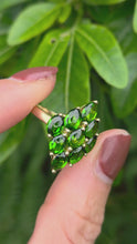 Load and play video in Gallery viewer, 2126: Vintage: 9ct Gold Green Diopsides Geometric Cocktail Ring- she scintillates&nbsp;
