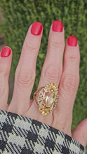 Load and play video in Gallery viewer, 0404: Vintage: Statement 9ct Gold Marquise Cut Yellow Citrine 14 Diamonds Openwork Ring
