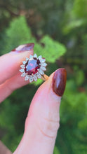Load and play video in Gallery viewer, 6354  Vintage: 18ct Gold Pyrobe Garnet Diamonds Flower Head Ring- exceptional

