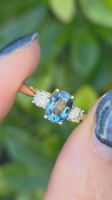 Load and play video in Gallery viewer, 18ct Gold Ceylon Blue Sapphire (1.1ct) Diamonds (0.33ct) 3-Stone  Ring
