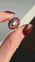 Load and play video in Gallery viewer, 0987: Vintage 16 Garnets Cabochon White Opal Openwork Ring
