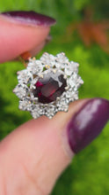 Load and play video in Gallery viewer, 6350: Vintage: 18ct Gold Rich Red Garnet 12 Diamonds Diana Style Cluster Ring - From 1972
