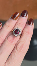 Load and play video in Gallery viewer, 6354  Vintage: 18ct Gold Pyrobe Garnet Diamonds Flower Head Ring- exceptional
