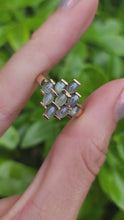 Load and play video in Gallery viewer, A7761: Vintage: 9ct Gold 9 Chrysoberyl Cats Eyes Geometric Set Ring- a rare find
