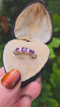 Load and play video in Gallery viewer, 6328 Vintage: 9ct Gold Rich Purple Amethyst Trilogy Diamonds Dress Ring
