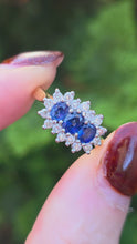 Load and play video in Gallery viewer, 6334: Vintage: 18ct Gold Cornflower Blue Sapphires 16 Diamonds Dress Ring- exquisite example. date mark 1992
