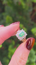 Load and play video in Gallery viewer, 6287 Vintage: 9ct Gold Emerald Cut Emerald 14 Diamonds Square Set Ring
