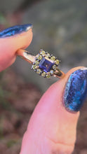 Load and play video in Gallery viewer, 1043: Vintage 9ct Gold Yellow Diamonds Cushion Cut Iolite Dress Ring

