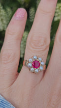 Load and play video in Gallery viewer, 1447: Antique: 15ct Gold Ruby Pearls Flower Head Ring- Over 100 years old
