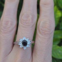 Load and play video in Gallery viewer, 0261: Vintage: 9ct White Gold Black &amp; White Diamonds Floral Cluster Ring.
