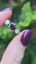 Load and play video in Gallery viewer, 6360 Vintage: 18ct Gold Almandine Garnet Diamonds 3-Stone Straight Ring
