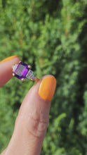 Load and play video in Gallery viewer, 0516: Vintage 18ct Gold Emerald Cut Amethyst 6 Diamonds Trefoil Set Ring- Date-Mark 1967
