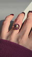 Load and play video in Gallery viewer, 0987: Vintage 16 Garnets Cabochon White Opal Openwork Ring

