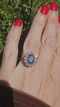 Cargar y reproducir el video en el visor de la galería, 9094 : Vintage: Exceptional 18ct Gold Ceylon Blue Sapphire Diamonds Diana Cluster Ring- From 1982
