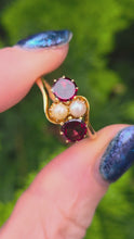 Load and play video in Gallery viewer, 2697: Vintage 18ct Gold Almandine Garnets Cultured Pearls Bypass Ring
