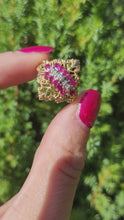 Load and play video in Gallery viewer, 6117: Vintage: Dramatic 14ct Gold Openwork 12 Rubies 5 Diamonds Cocktail Ring
