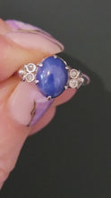 Load and play video in Gallery viewer, 2907: Vintage Rare 18ct White Gold Cabochon Cut Blue Star Sapphire Diamond Accents- crisp, clean, eye candy

