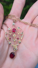 Load and play video in Gallery viewer, 1651 Antique (Edwardian) 9ct Gold Garnets Seed Pearls Pendant &amp; Figaro Necklace
