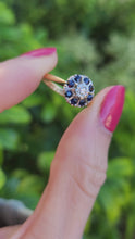 Load and play video in Gallery viewer, A0014: Vintage: 18ct Gold Diamond Blue Sapphires Daisy Ring
