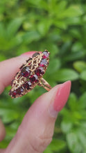 Load and play video in Gallery viewer, A7643: Antique: Art Deco 18ct Gold 13 Garnets Geometric Statement Ring- rich red hues
