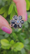 Load and play video in Gallery viewer, 1027: Vintage; 9ct White Gold Blues Sapphires Flower Head Ring- lovely cut and colours,
