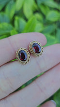 Load and play video in Gallery viewer, 0784: Vintage: 9ct Gold Oval Rich Red Garnet Earrings- Date-Mark 1988
