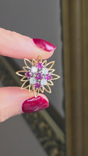 Load and play video in Gallery viewer, 2561: Vintage 18ct Gold Rubies Diamonds Sunburst Openwork Cocktail Ring
