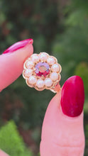 Load and play video in Gallery viewer, 1421: Vintage: Large 9ct Gold Garnet Seed Pearls Cocktail Ring-From 1963
