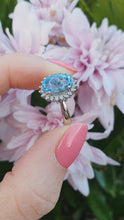 Load and play video in Gallery viewer, 7156:Vintage: 9ct White Gold Blue Aquamarine 20 Diamonds Halo Ring-gorgeous, sparkling combination
