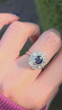 Cargar y reproducir el video en el visor de la galería, 1865 Vintage: 18ct White Gold Ceylon Blue Sapphire Diamonds Cluster Ring
