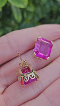 Load and play video in Gallery viewer, 0301: Vintage &amp; Old: 18ct Gold Emerald Cut Pink Sapphires Stud Earrings- Barbie Pink
