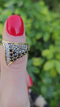 Load and play video in Gallery viewer, 1298::Vintage: Dramatic 9ct Gold 38 Black 7 White Diamonds Statement Ring- enchanting design
