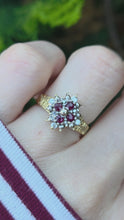 Load and play video in Gallery viewer, 0628: Vintage 18ct Gold Rubies Diamonds Geometric Set Ring - From 1977
