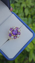 Load and play video in Gallery viewer, 0462: Vintage: 9ct Gold Lilac Amethysts Pearls Flower Head Ring- beautifully matched
