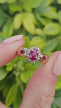 Load and play video in Gallery viewer, 1138: Vintage: 9ct Gold Rubies Diamonds Dress Ring- lovely design&nbsp;
