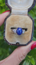 Load and play video in Gallery viewer, A9077: Vintage Rare 18ct White Gold Cabochon Cut Blue Star Sapphire Diamond Accents- crisp, clean, eye candy
