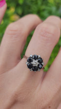 Load and play video in Gallery viewer, 6089:Vintage Exceptional; 18ct White Gold French Blue Sapphires 7 Diamonds Flower Head Ring
