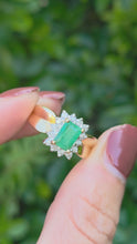 Load and play video in Gallery viewer, 2140: Vintage;: 14ct Gold Emerald Cut Emerald (0.79ct) 14 Diamonds (0.43ct) Ring - LUSH
