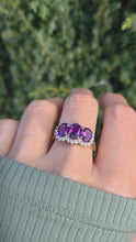 Load and play video in Gallery viewer, 6196: Vintage: 9ct Gold Purple Amethysts 28 Diamonds Halos Dress Ring
