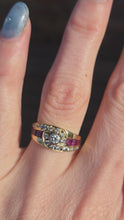 Load and play video in Gallery viewer, 2836: Vintage 18ct Gold Rubies Natural Sparkling Diamonds Dress Ring
