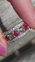 Load and play video in Gallery viewer, 3009 Vintage: 9ct Gold Rubies, Green Sapphires, Diamonds Precious Gemstones Ring
