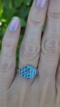 Cargar y reproducir el video en el visor de la galería, A7697: Vintage &amp; Rare: 9ct White Gold 23 Blue Aquamarines geometric Set Cocktail Ring- a sensation
