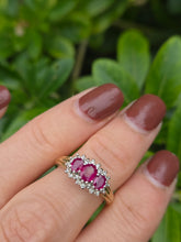 Load image into Gallery viewer, 2180: Vintage: 9ct Gold Rich Red Ruby Trilogy 18 Diamonds Dress Ring
