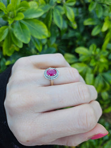 0767: Vintage: 18ct Gold Pink Ruby 45 Diamonds Dress Ring- gorgeous