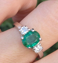 Load image into Gallery viewer, 2299 Vintage: Platinum Emerald (1.19ct) Diamonds (0.30ct) 3-Stone Ring
